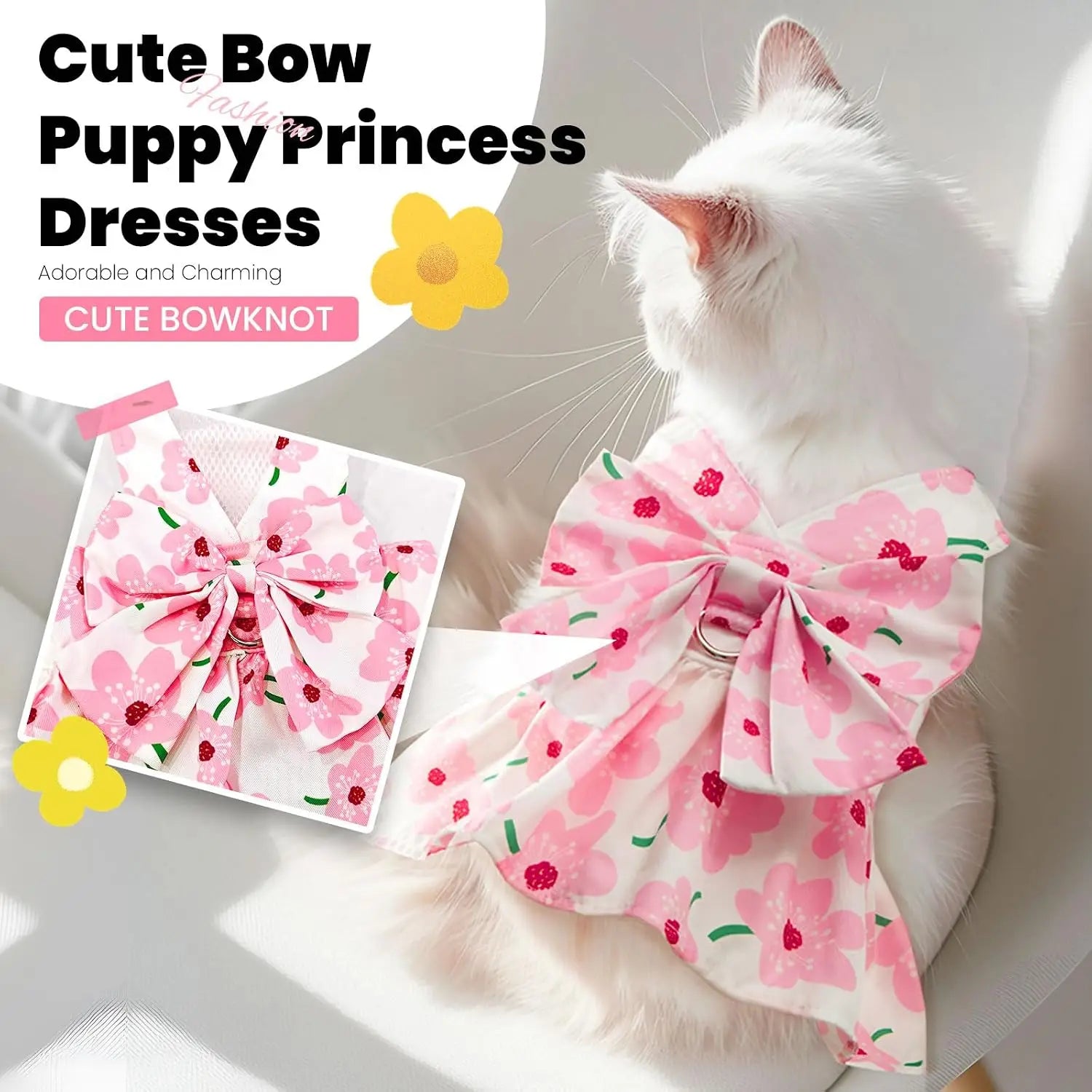 Cute Dog Dress for Small Dogs Summer Floral Puppy Clothes with Bow and Harness Set for Holiday Birthday Party