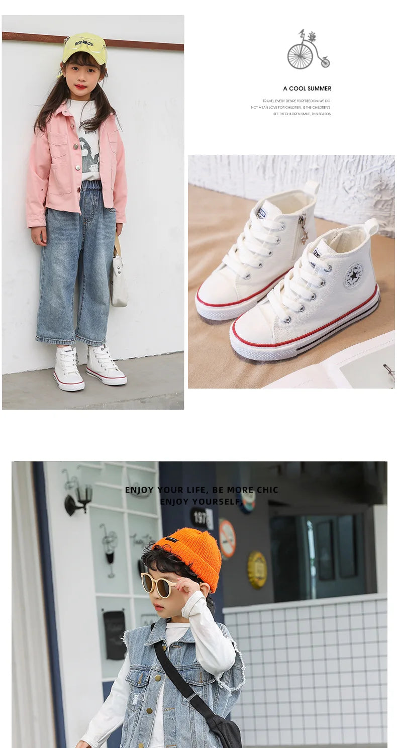 Children's High-Top Canvas Shoes Soft Bottom Comfortable Non-slip Casual Shoes Summer Simple Solid Color Lace-Up Canvas Shoes