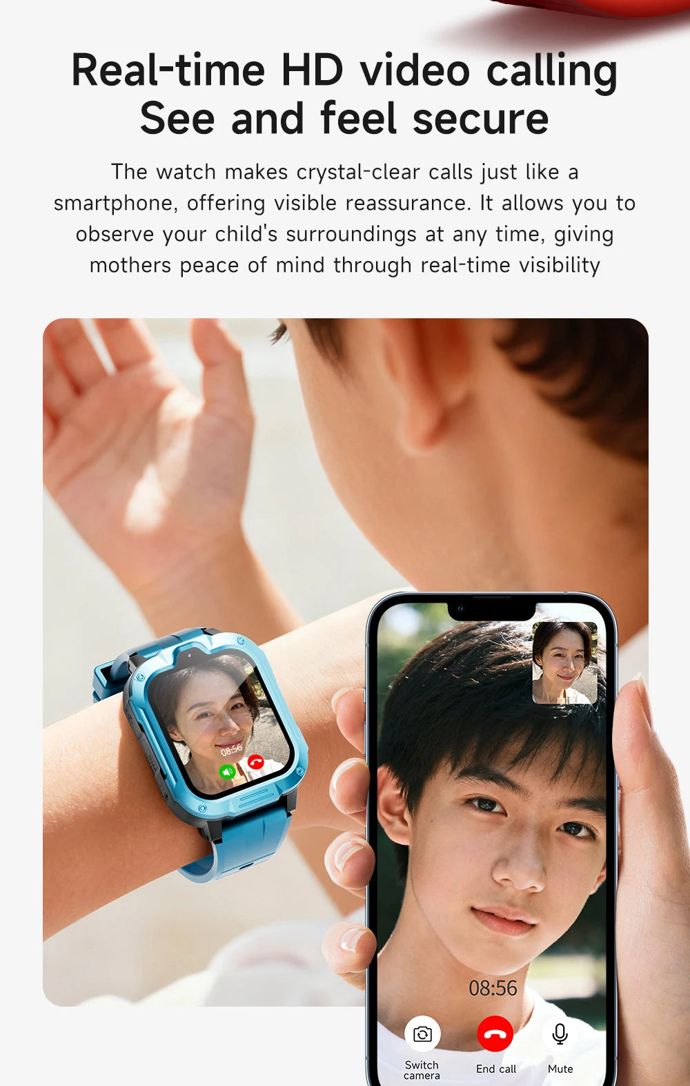 Kids smart watch with 4G GPS, camera, and voice monitor from I YAN, showing the device with a colorful screen and side buttons.