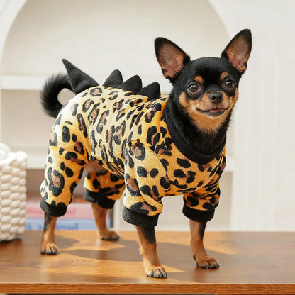 Leopard Dinosaur Dog Pajamas – Warm Fleece Jumpsuit for Small Dogs