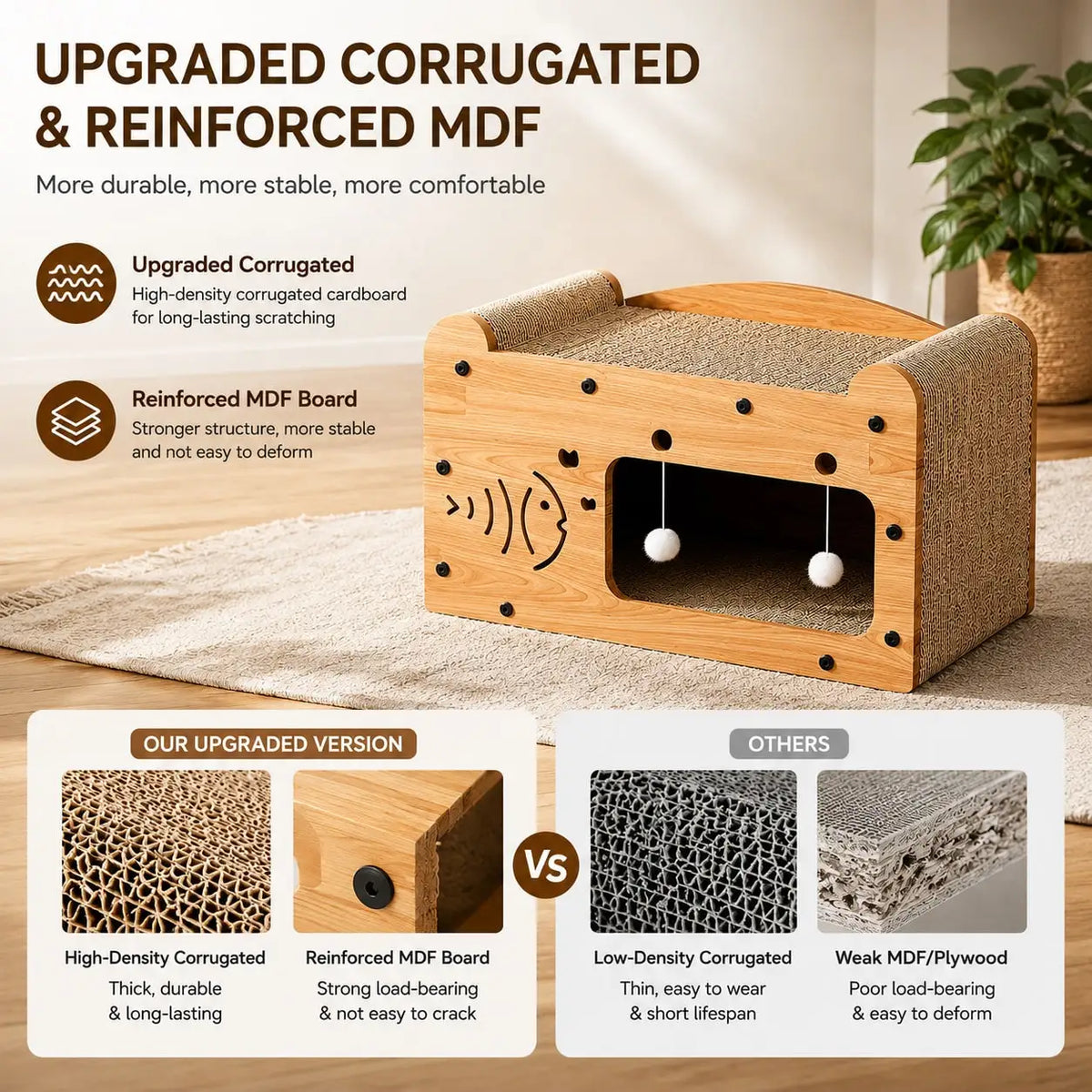 I YAN 2-in-1 double layer cat scratcher lounge with cardboard hideaway and colorful pom-pom toys for cats to play and rest.