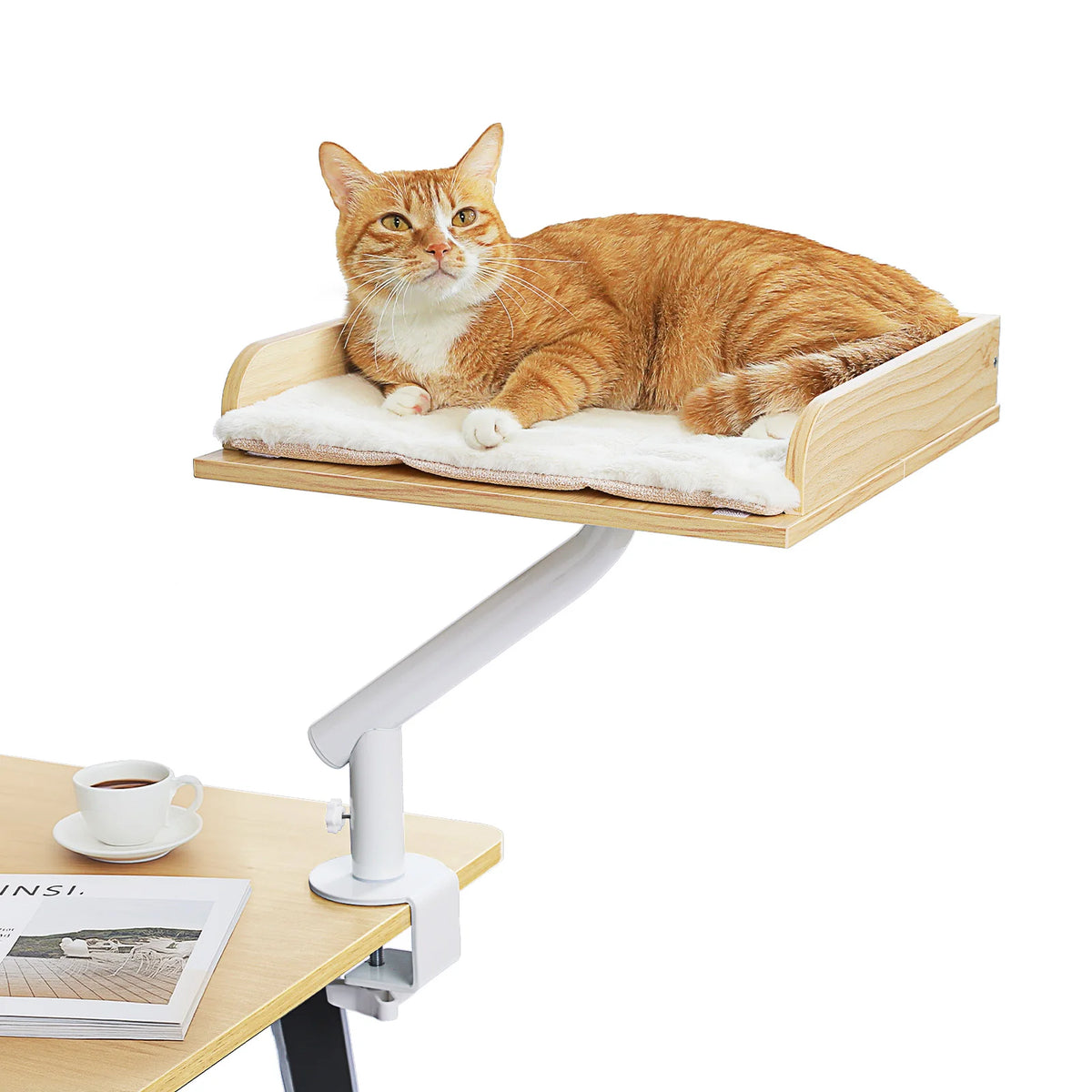 Soft I YAN cat desk bed on a table, featuring a 360° rotatable stand and adjustable hammock for indoor cats.