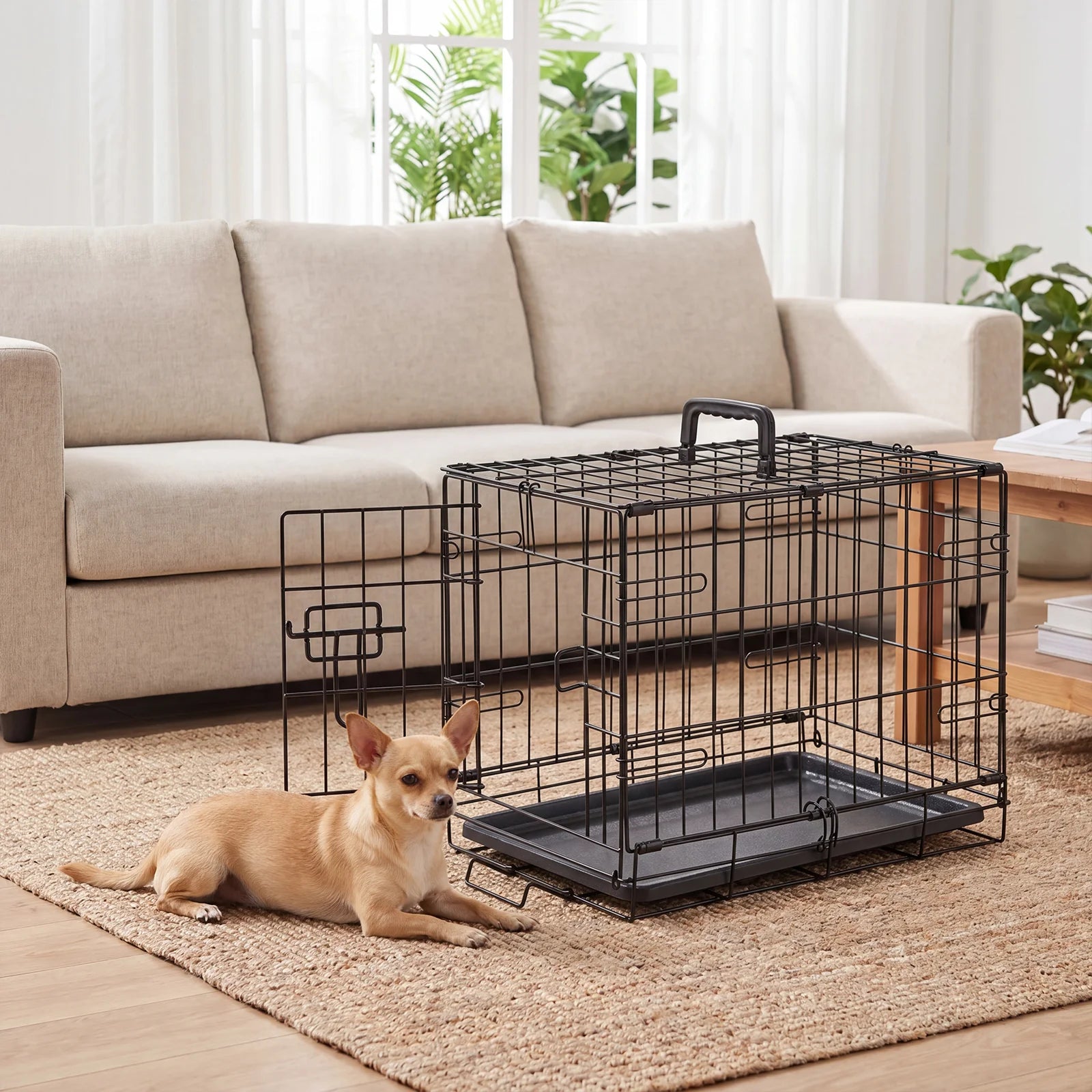 I YAN 18-inch single door metal dog crate with secure lock, foldable design, removable tray, portable pet kennel for small dogs.