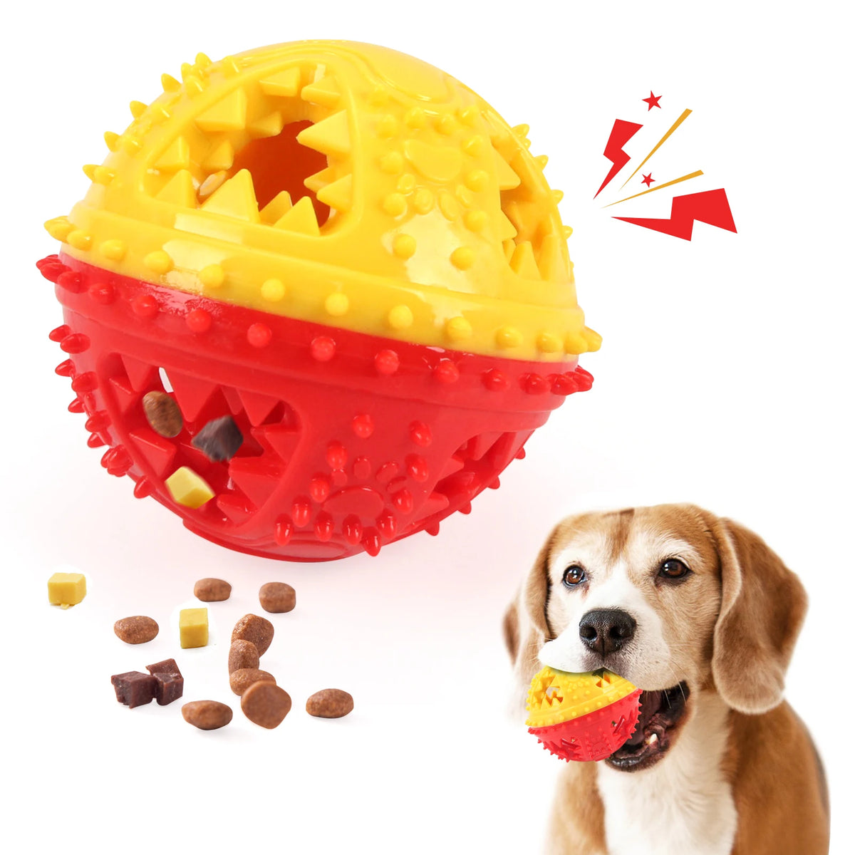 I YAN dog chew toy with leaking food balls, grinding teeth, sound, and interactive design for pet training and dental cleaning.