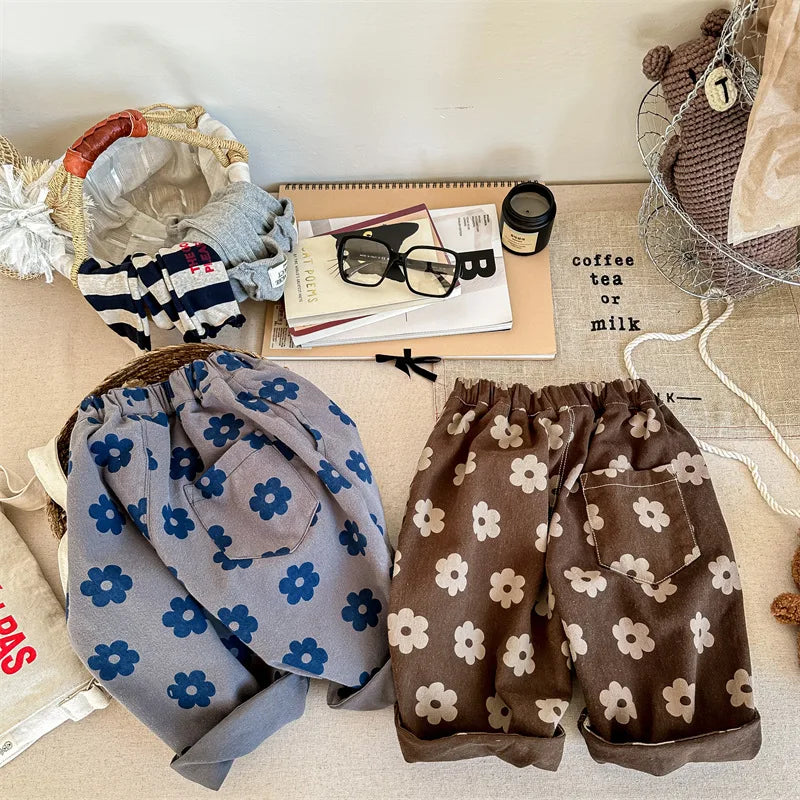 Autumn New Children Loose Trousers Vintage Flower Print Girls Harem Pants Baby Boys Casual Pants Cotton Baby Trousers Clothes