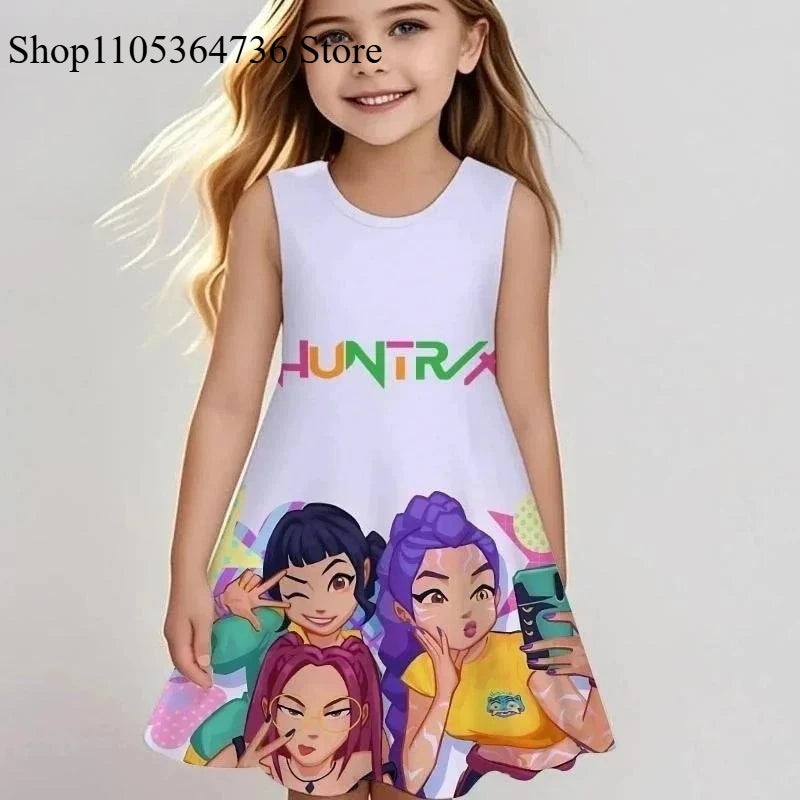 Kpop "Demon Hunter" Spring/Summer Sleeveless Dress - Cute and Playful Beach and Outdoor Children's Dress for Girls, Fashionable