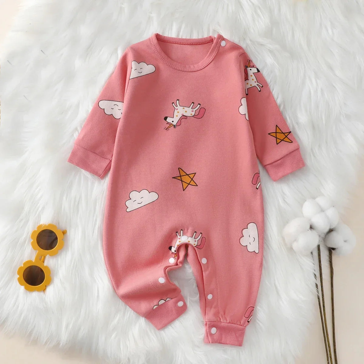 Baby Cotton Romper – Cute Cartoon Long Sleeve Bodysuit for Newborns (0–18 Months) - I YAN