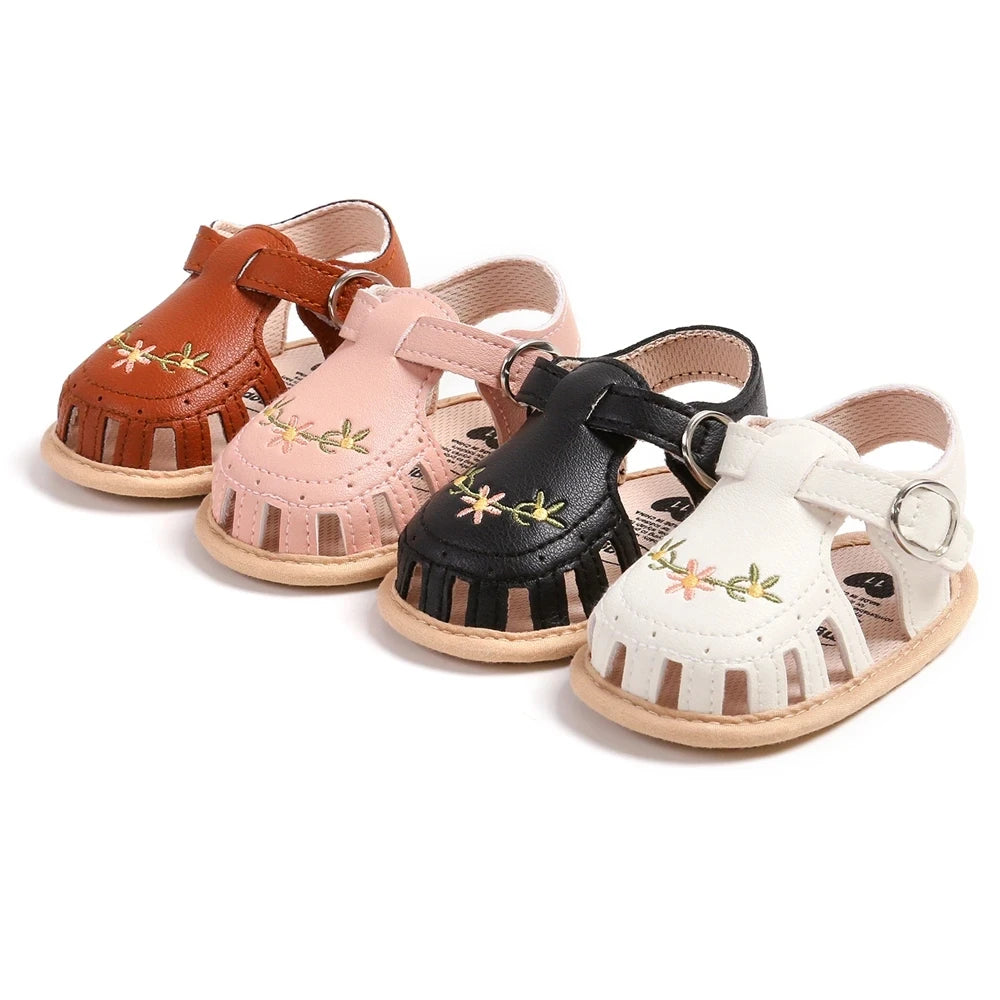 Newborn Baby Girl Sandals Summer Embroidered Leisure Comfortable Lightweight Floral Soft Sole Wrap Toe Sandals For 0-18M