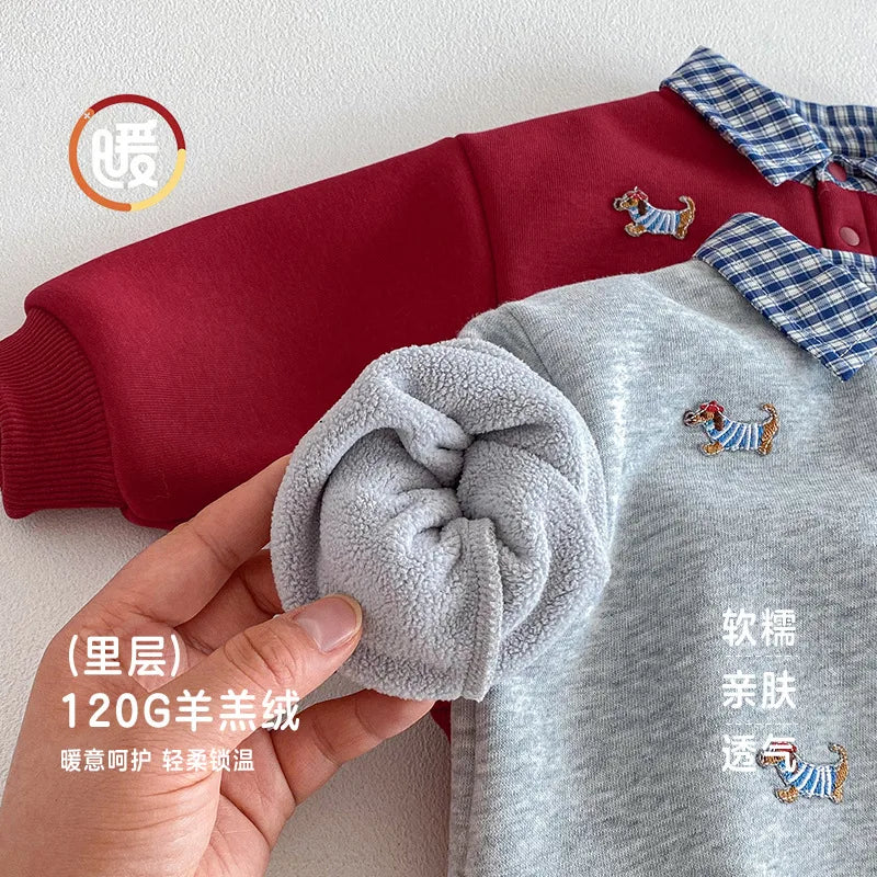 Children's Hoodie 2025 New Winter Boys' Fashionable Lapel and Fleece Pullover, Baby Red New Year's Clothing