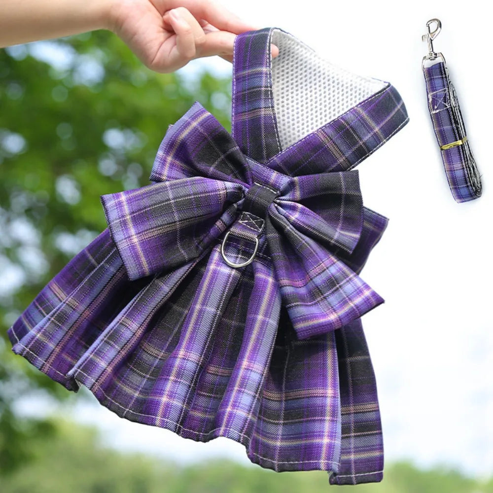 I YAN reusable plaid dog harness with leash, adjustable washable pet skirt, thin Dacron material, featuring a cute rabbit design.