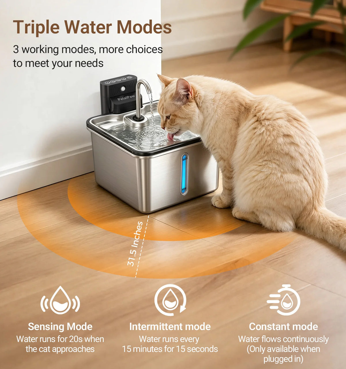 I YAN PetalPAW stainless steel wireless cat water fountain with faucet design, 3.5L capacity, cordless, for indoor cats and small dogs