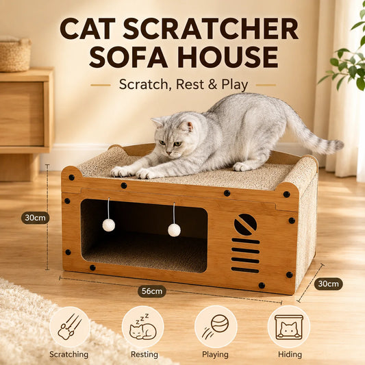 I YAN cat scratcher lounge and sofa bed, wooden indoor cat furniture with scratch board, cozy resting and hiding box for cats.