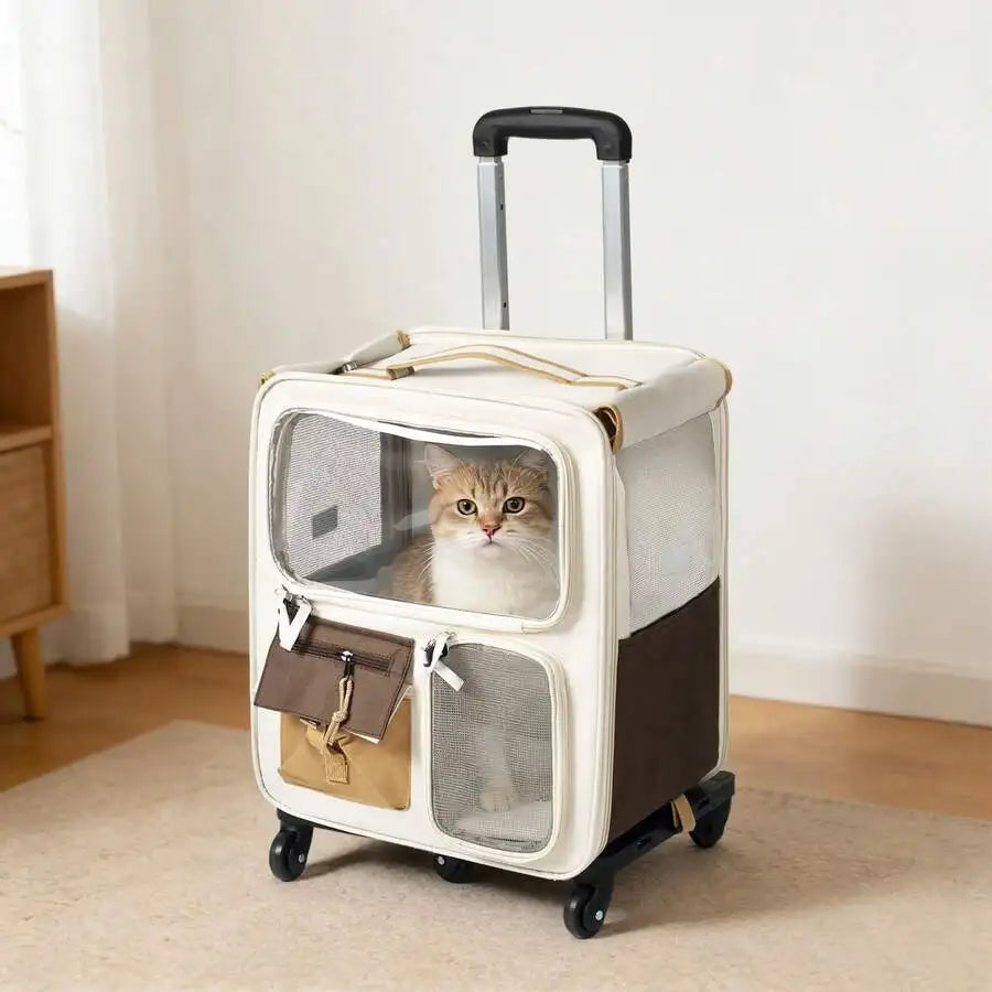 I YAN cat and small dog travel bag with trolley, backpack, and suitcase features for walking, camping, and outdoor adventures.
