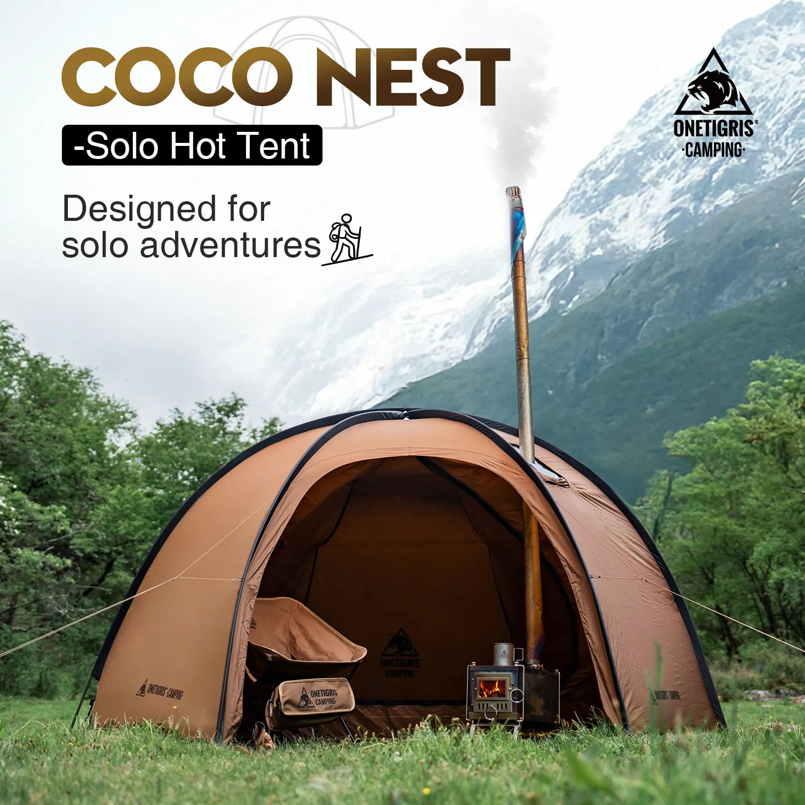 Coco Nest Solo Dome Tent with Stove Jack 3000mm Waterproof Camping Hot Tent with Mesh Inner for Bushcraft Glamping