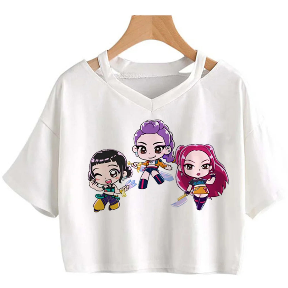 Kpop Demon Hunters Girls O-Neck Casual Women Summer Shirts Crop T-shirt