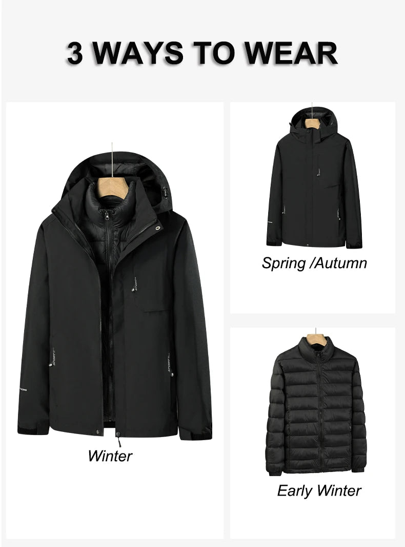 Men's 3 In 1 Thick Hiking Jacket Down Cotton Waterproof Winter Windbreaker Outdoor Warm Camping Jacket Windproof Coat