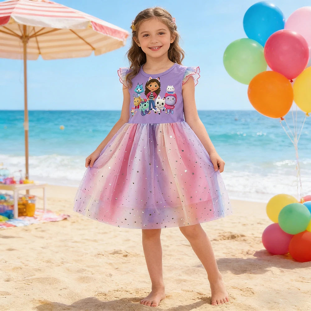 Summer Girls Daily Dresses Fly-sleeve Mesh Star Princess Dress Children's Cartoon Gaby Cosplay Costume+Headband Birthday Gift