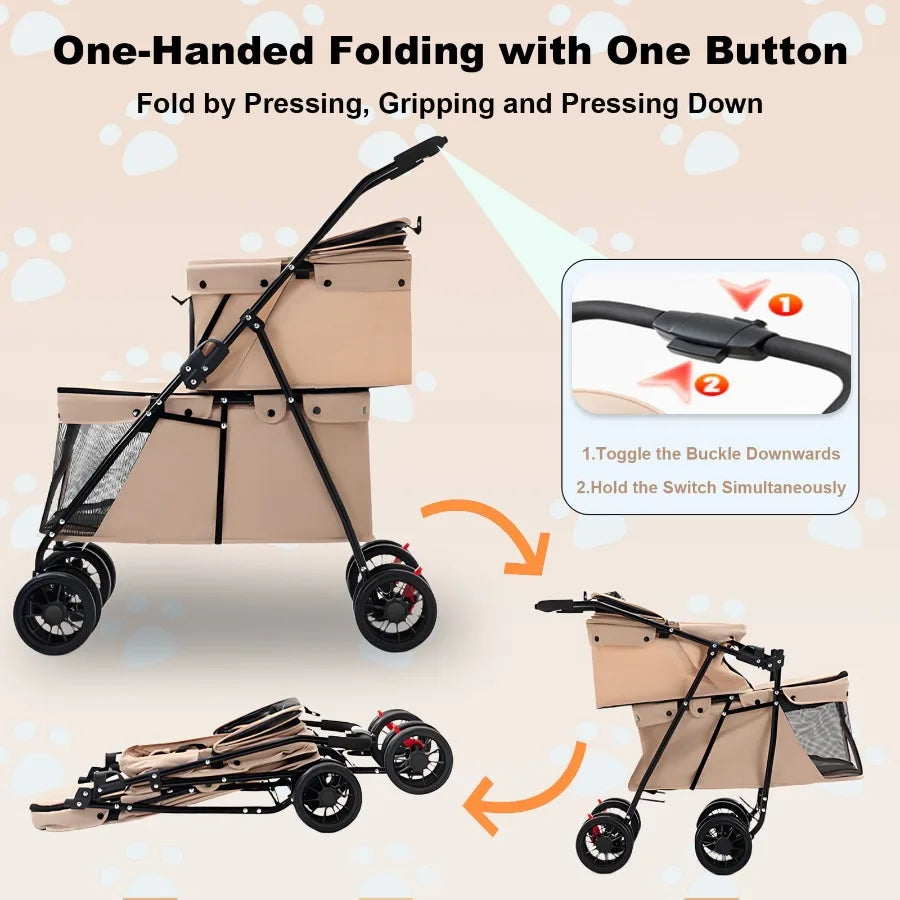 I YAN double layer foldable pet stroller with breathable mesh window, lightweight 4-wheels, suitable for small cats and dogs.