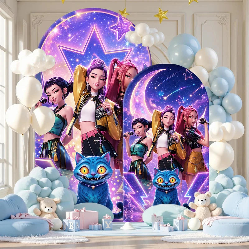Kpop Demon Hunters Arch Backdrop CoverGirl Group Birthday Arched Banner, Spandex Elastic Photo Booth Background for Party Decor