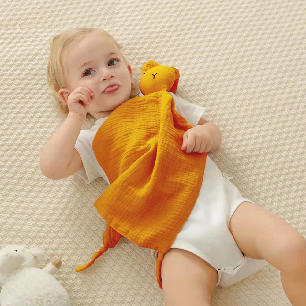 Soft I YAN baby cotton muslin comforter blanket with sleeping doll design, ideal for newborns and kids' comfort and soothing.