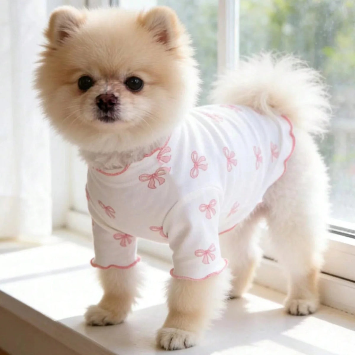 Pet dog or cat knit sweater with allover print and pink bow tie, breathable and comfortable I YAN clothing for pets.