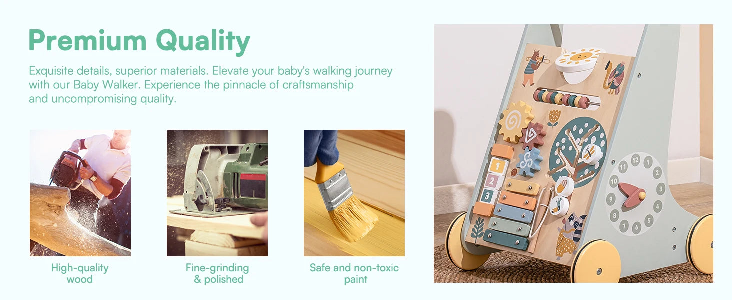 Robud wooden baby walker by I YAN with activity center, storage, and Montessori design for boys and girls.