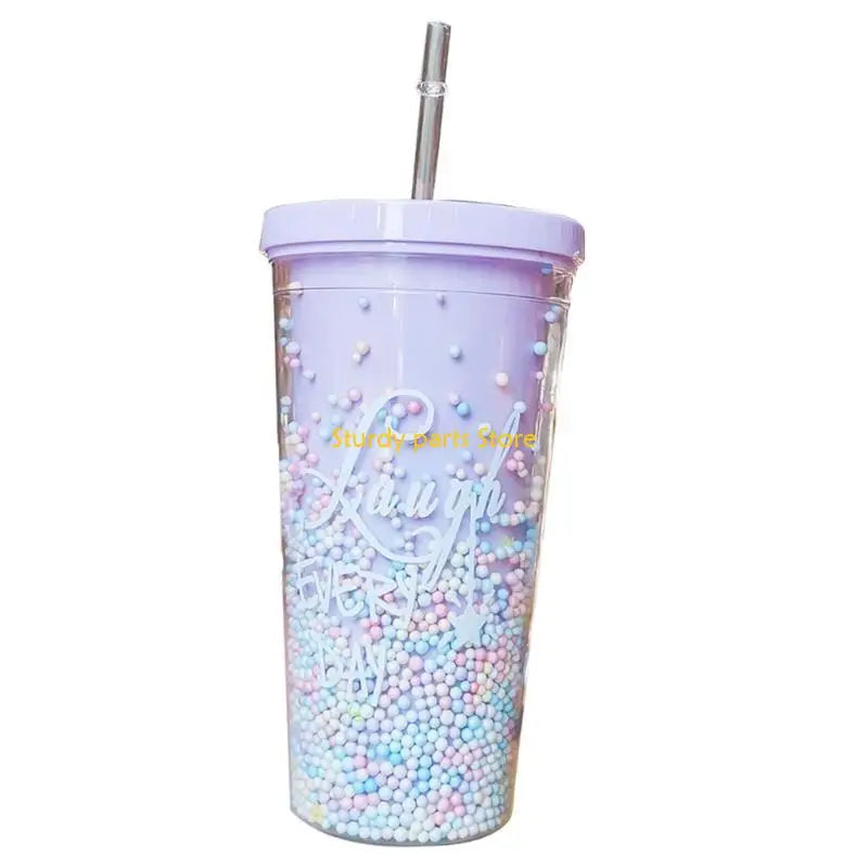 97QC 550ml Rainbow Plastic Water Bottle Double Layer Sequins Drinking Cup with Straw