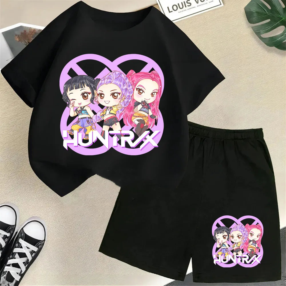 KPop Demon Hunters Saja Boys Kids T-Shirt – Cartoon Print Round Neck Casual Top (2pcs Set) - I YAN