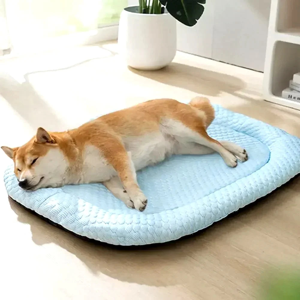 Comfortable I YAN Ice Silk Cooling Dog Bed, breathable summer mat for small to large dogs and cats, ideal for hot weather.