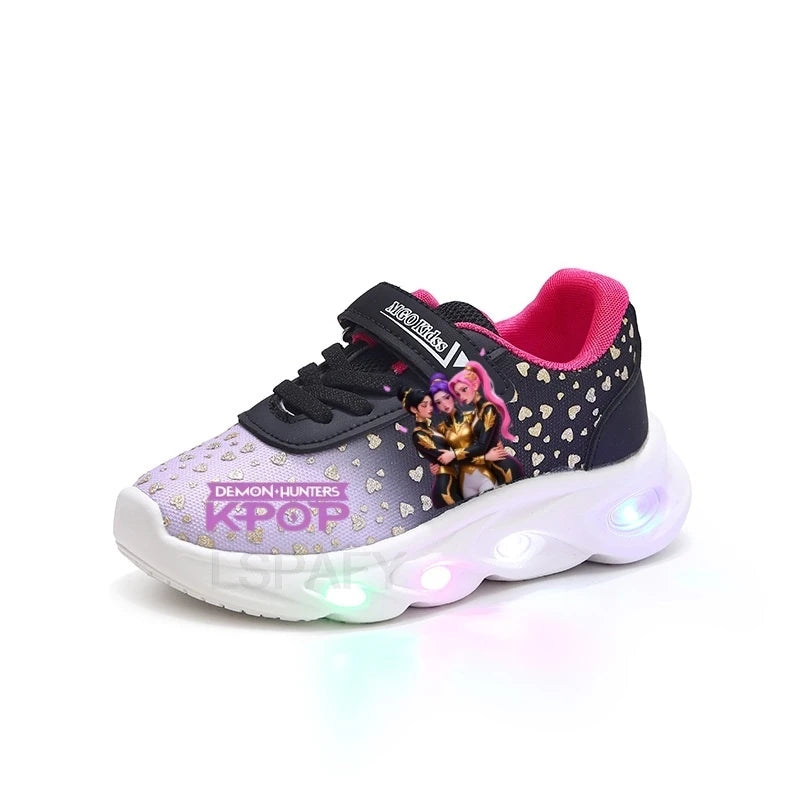 Kpop Demon Hunter LED Light Up Shoes 2026 Spring Autumn Mesh Soft Sole Cartoon Sneakers for Baby Girls Toddlers