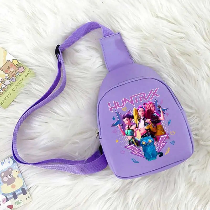 Kids bag by I YAN featuring a colorful cartoon demon hunter design, lightweight crossbody chest bag for boys and girls.