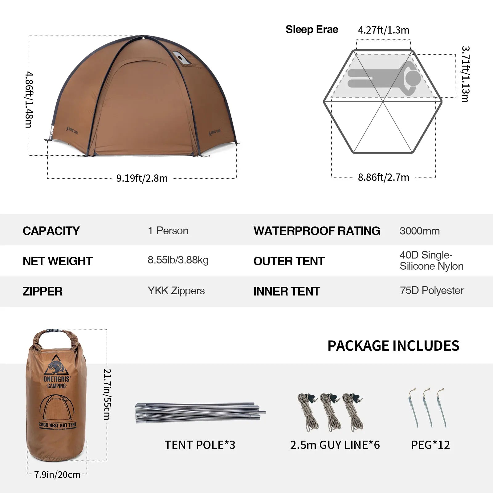 Coco Nest Solo Dome Tent with Stove Jack 3000mm Waterproof Camping Hot Tent with Mesh Inner for Bushcraft Glamping