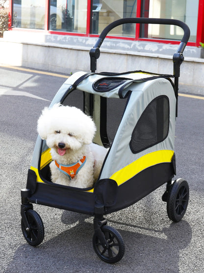 I YAN premium dog stroller with four wheels, foldable design, suitable for small to large dogs, ideal for travel and walks.