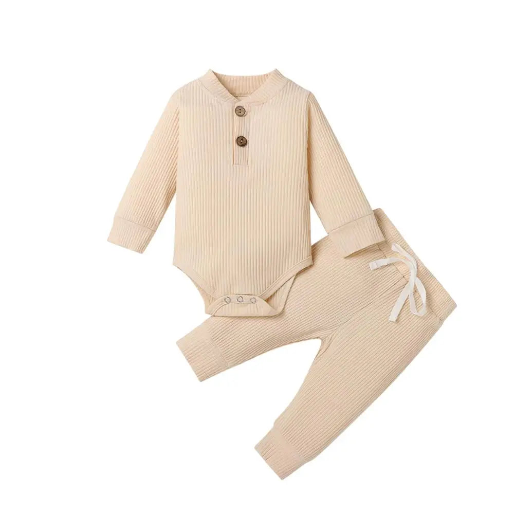 I YAN infant baby girl and boy spring autumn 2-piece ribbed and plaid solid long-sleeve bodysuits with elastic pants set