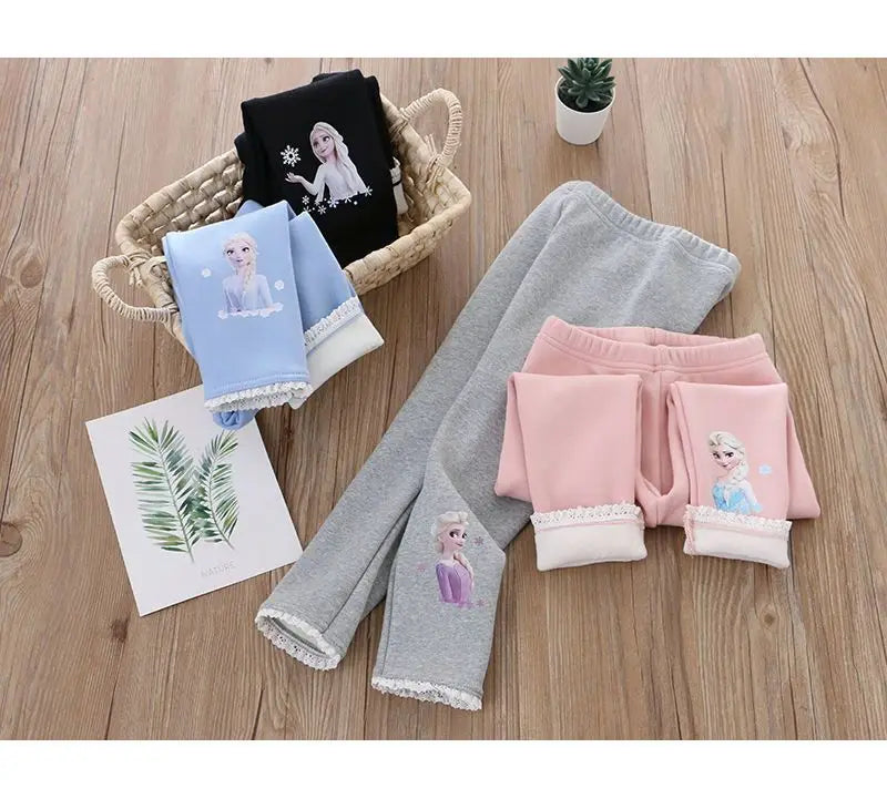 Disney Frozen Elsa Princess Girls Cotton Pants Baby Girls Winter Velvet Warm Long Pants Children's Cartoon Outerwear Leggings