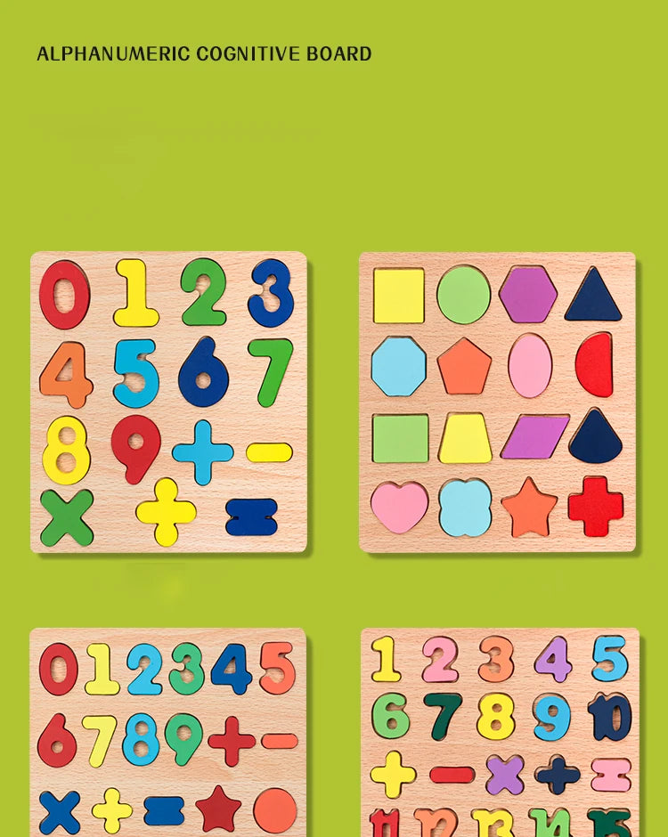 Kids wooden puzzle featuring alphabet, numbers, shapes, and geometric pieces by I YAN for Montessori preschool learning activities.
