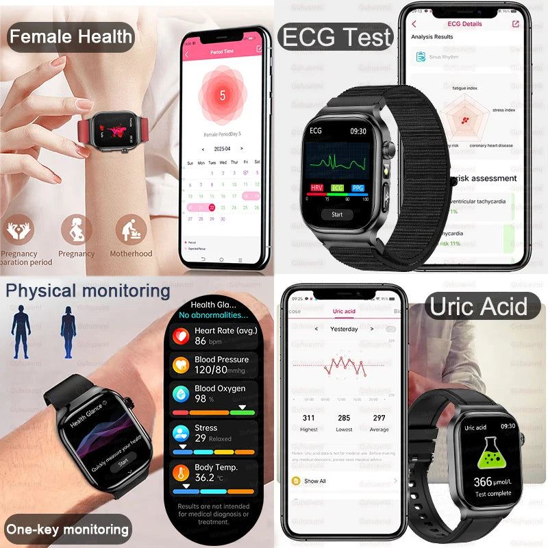 2025 New Precision detection ECG+PPG Uric acid Blood Fat SmartWatch Men Blood Pressure Blood oxygen Voice Call Health Smartwatch