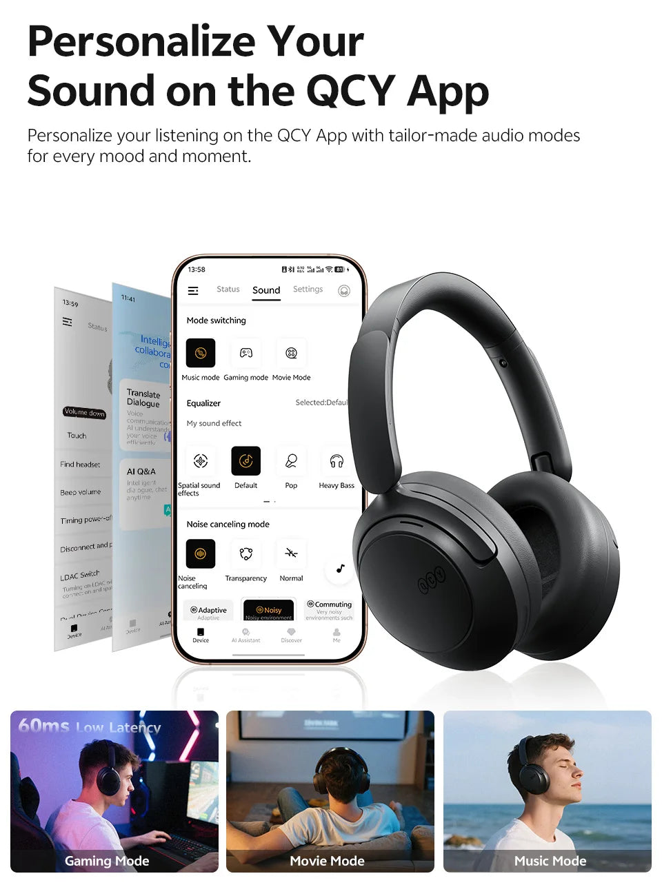 QCY H3S -56dB Adaptive ANC Over Ear Headphone Hi-Res LDAC Spatial Sound Wireless Earphone Bluetooth 6.0 Dual Driver 102H Headset