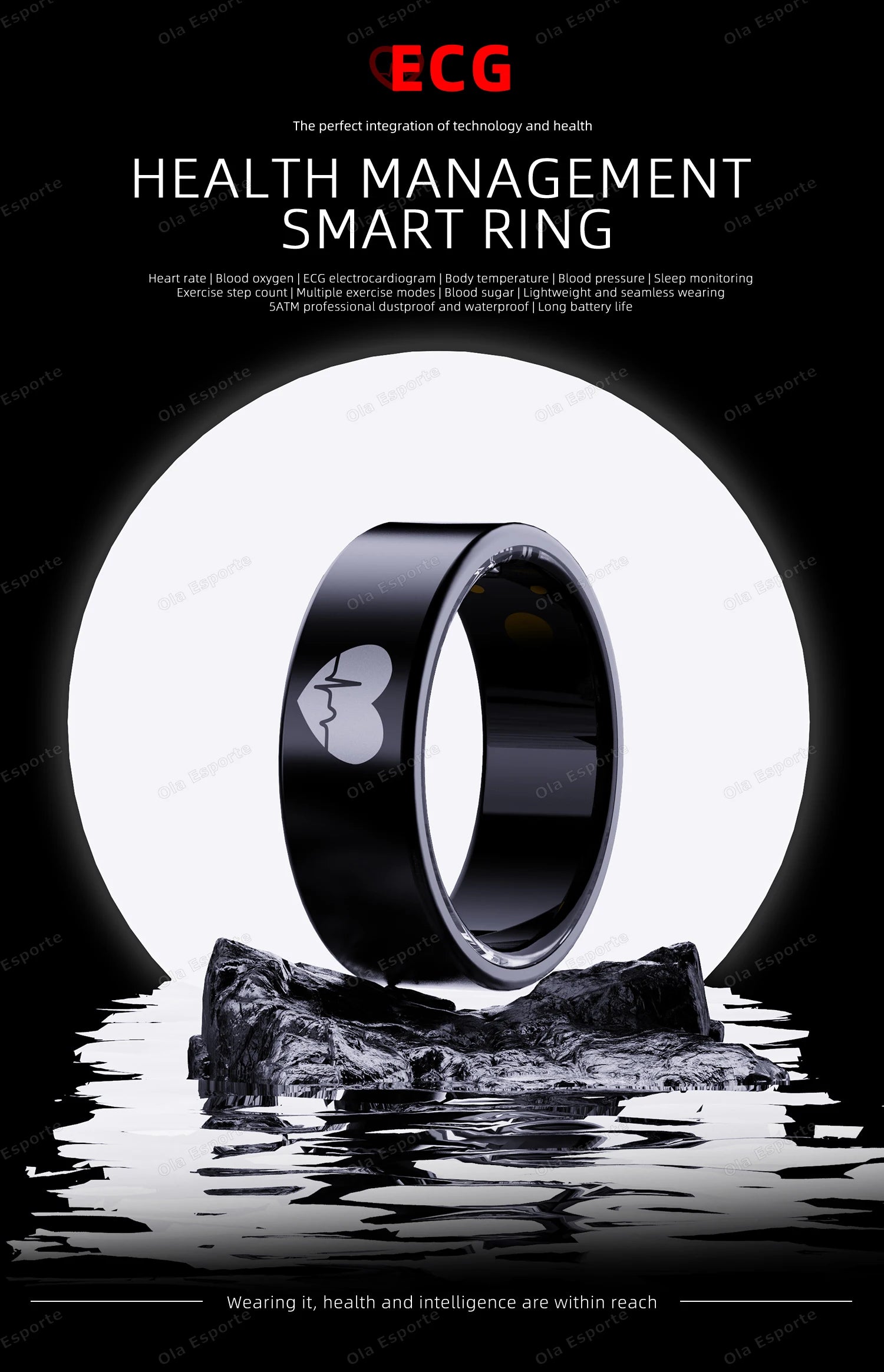 New Smart Ring ECG Detection Blood Pressure,Heart Rate Ring,Body Temperature Monitor Waterproof GPS Tracking Men Women Ring