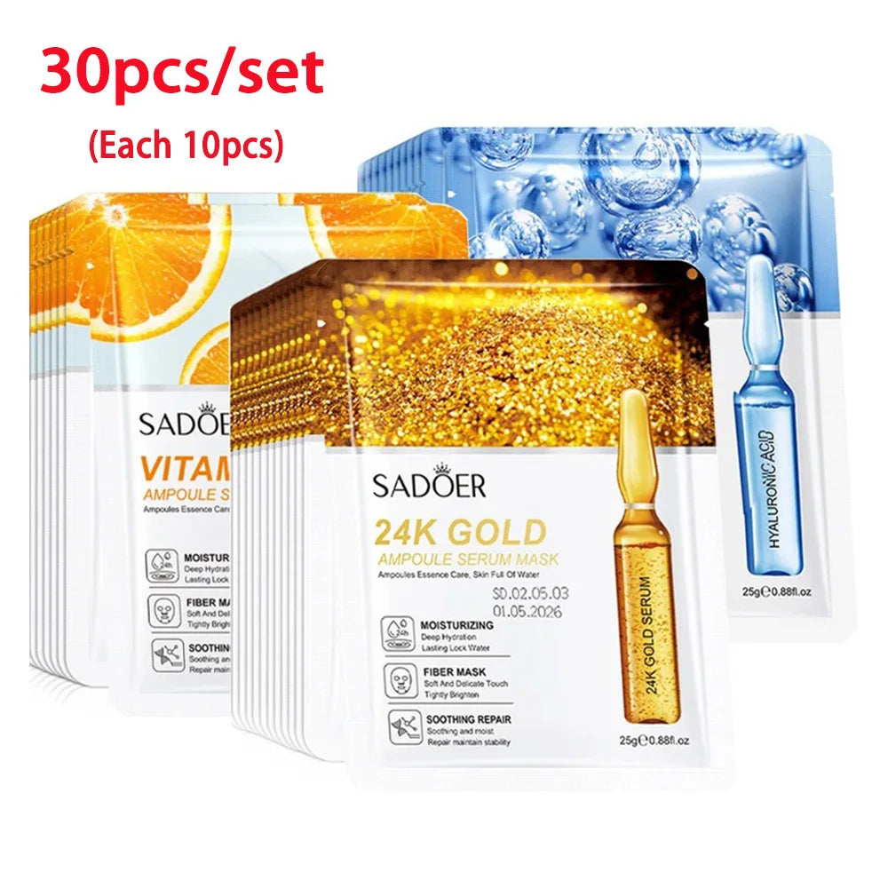 30/15pcs SADOER 24K Gold Vitamin C Hyaluronic Acid Facial Masks Face Moisturizing Firming Hydrating Face Mask Facial Skin Care