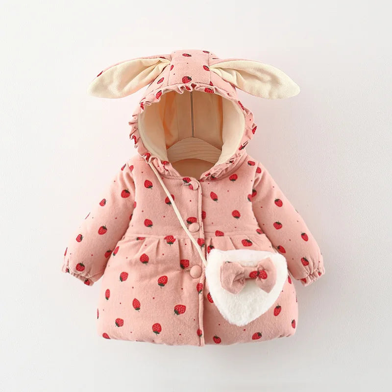 Winter Girls' Cotton Jacket, New Cute Children's Clothing, Solid Color Printed Girls' Cotton Jacket, Rabbit Ear Hooded Bag Gift
