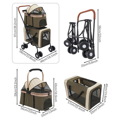 Foldable I YAN pet stroller for small and medium pets with sunshade, cushions, safety locks, and a 2-tier design for travel.