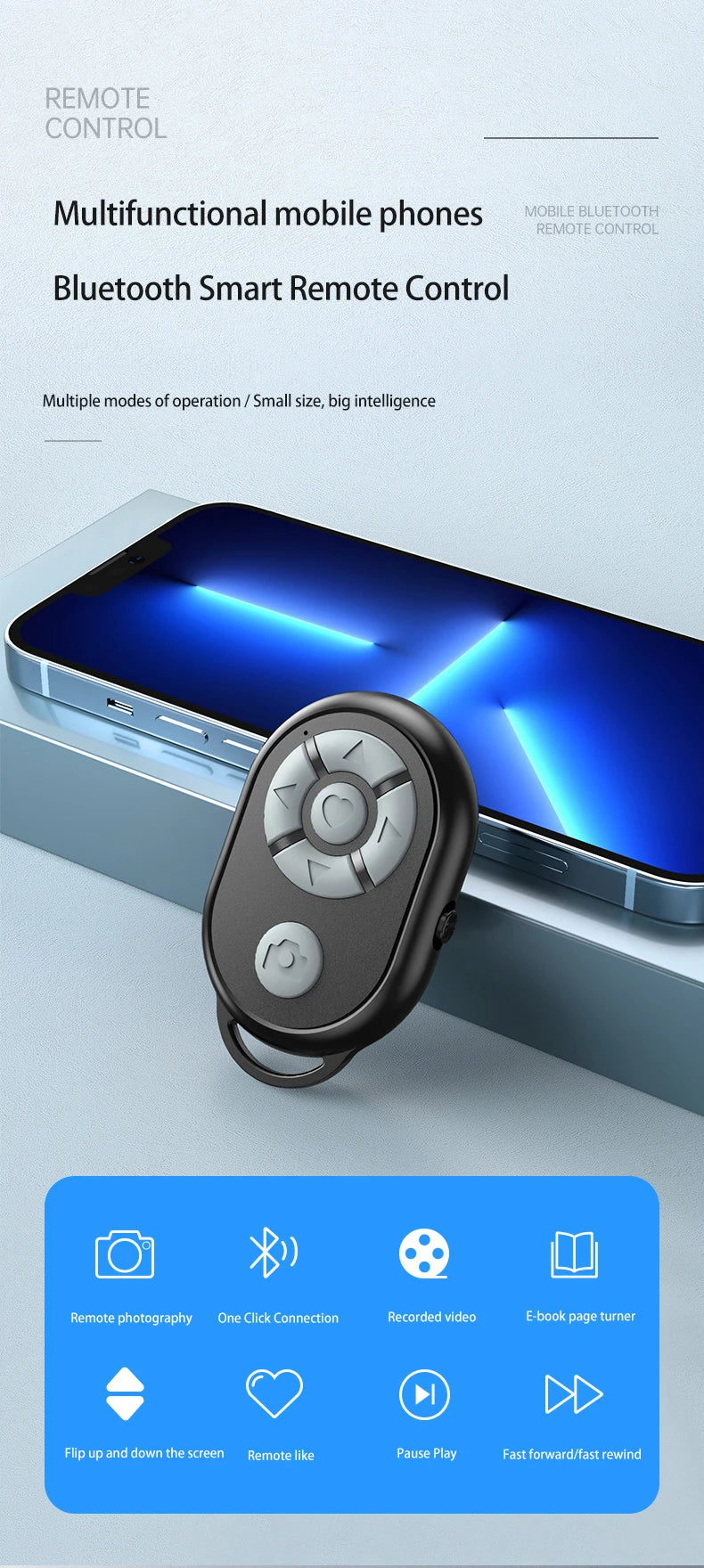 I YAN Bluetooth remote control for iPhone and Android phones, showing the compact selfie stick and camera shutter button.