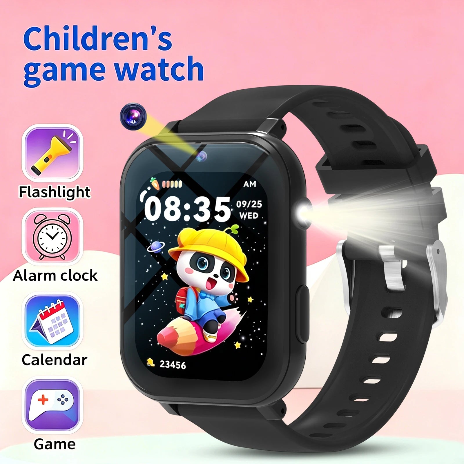 Youngsters' I YAN smartwatch with HD touchscreen, camera, music player, puzzle games, pedometer, and flashlight for kids ages 6-12.