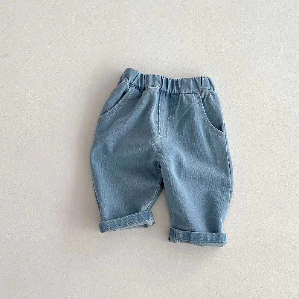 2026 Spring New 1-5Y Children Jeans Boys Denim Pants Mid Waist Girls Trousers Fashion Kids Plaid Pants
