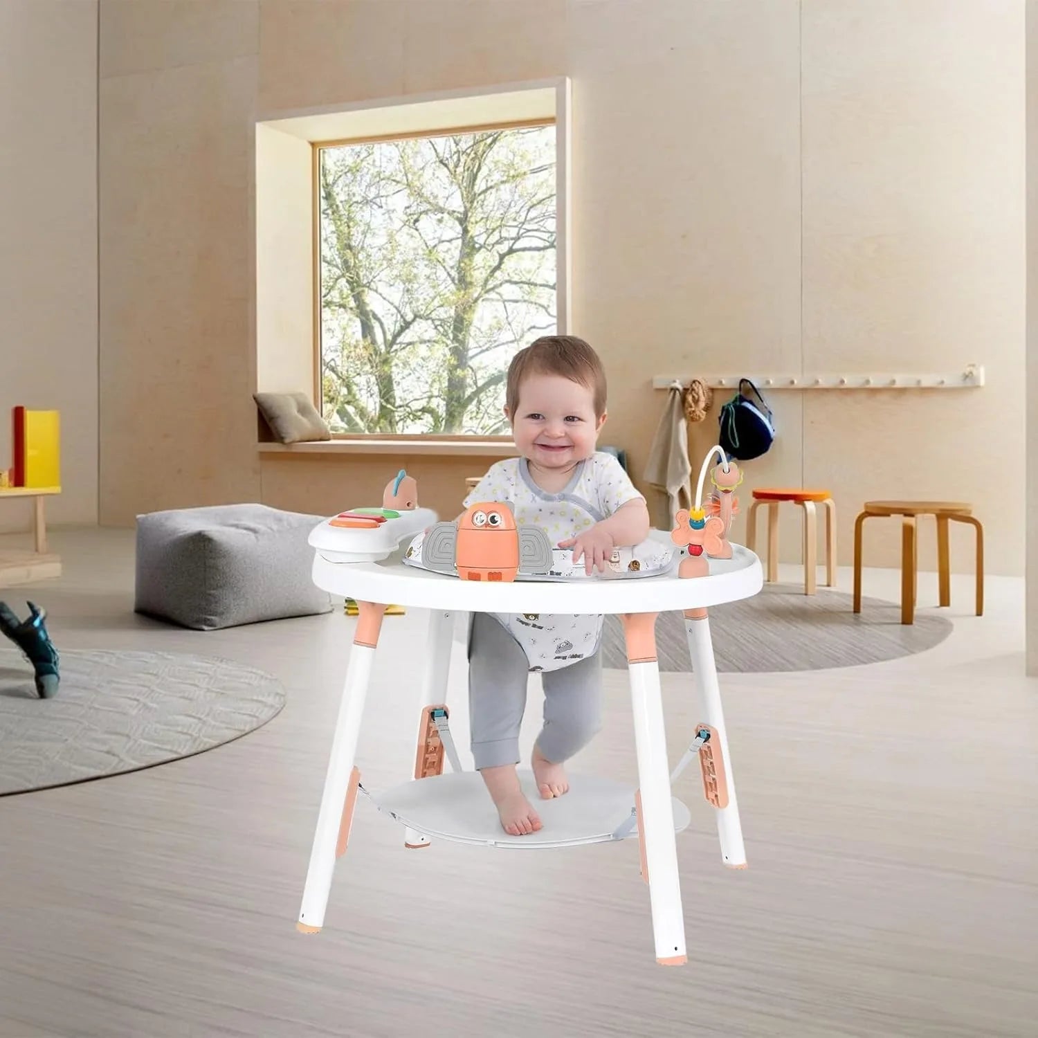 Baby activity center by I YAN with detachable toys and a 360-degree rotating seat for toddler development and entertainment.