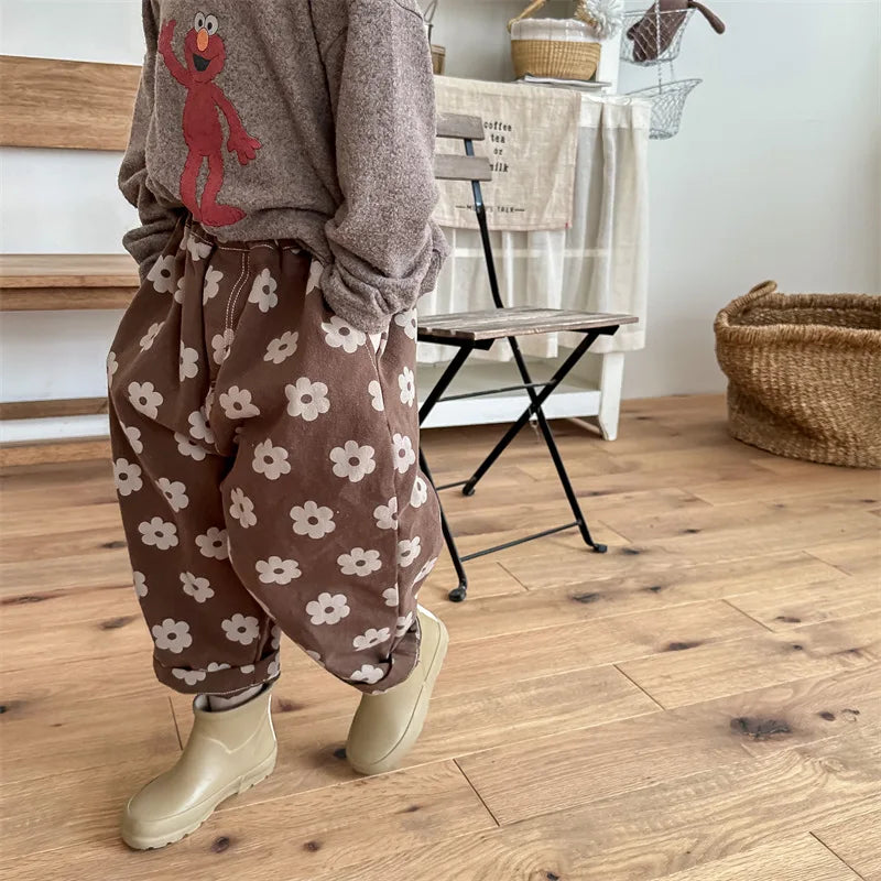 Autumn New Children Loose Trousers Vintage Flower Print Girls Harem Pants Baby Boys Casual Pants Cotton Baby Trousers Clothes