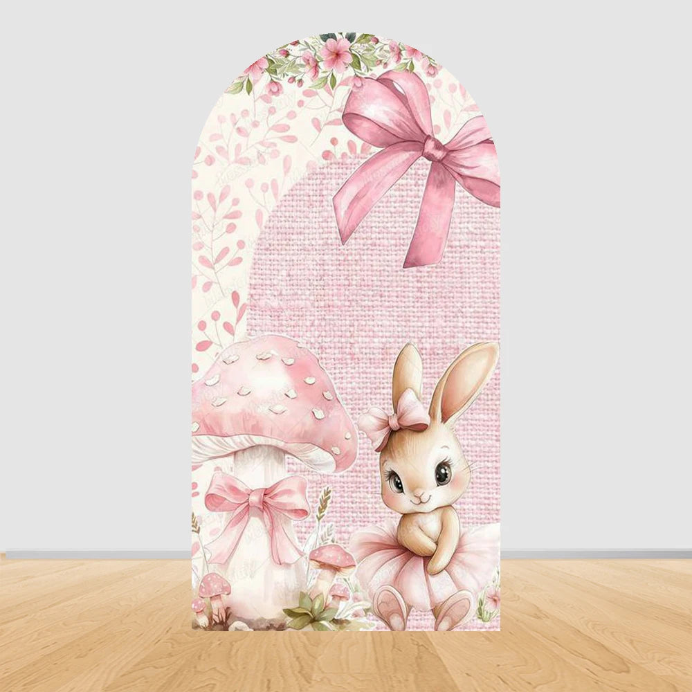 Little Rabbit Pink Flower Bow Baby Girl Birthday Party Arch Backdrop Cover Bunny Baby Shower Arched Photo Background Decor Props