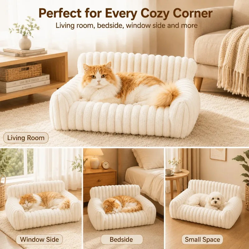 Cute I YAN cat couch with fluffy corduroy fleece, supportive pet sofa for indoor cats, removable washable cover, cozy and soft.