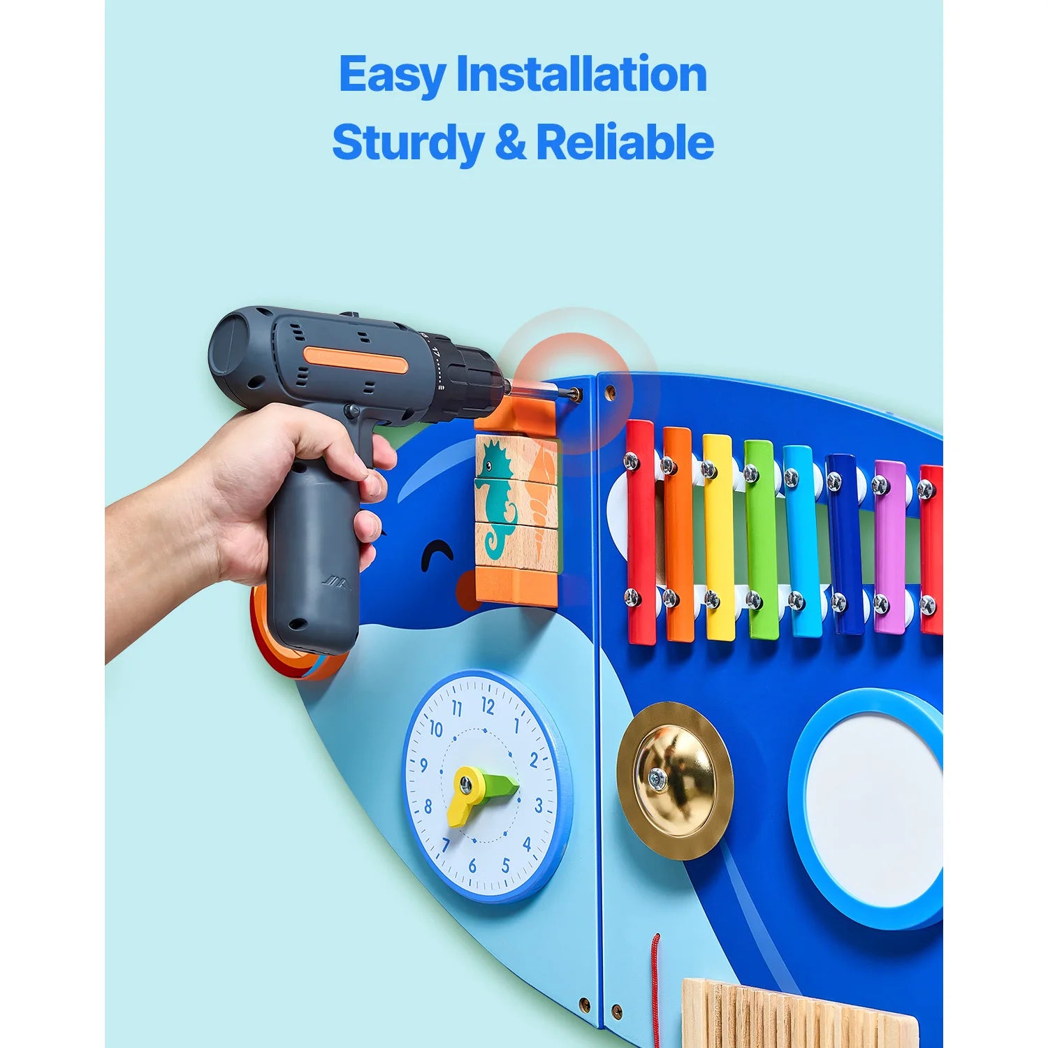 Orca Kids wall busy board by I YAN featuring 12 hanging activity panels for toddler sensory and Montessori play learning.